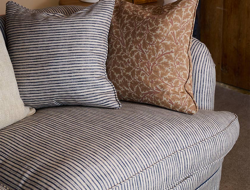 Helmsley 3 Seater Sofa in Sussex Stripe Ink with Scatter in V&A Drawn from Nature Oak Tree Terracotta detail